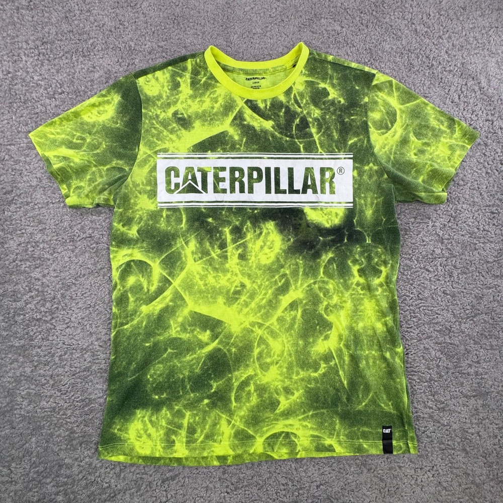 Caterpillar Mens Neon Yellow Green Tie Dye Graphic‎ T-Shirt Large 4010007USA